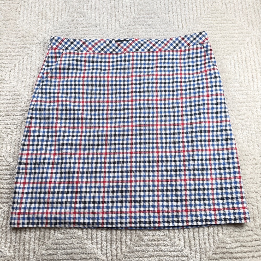 Talbots Plaid Mini Skirt Womens 16 Blue Red White Gingham Preppy Academic Mod